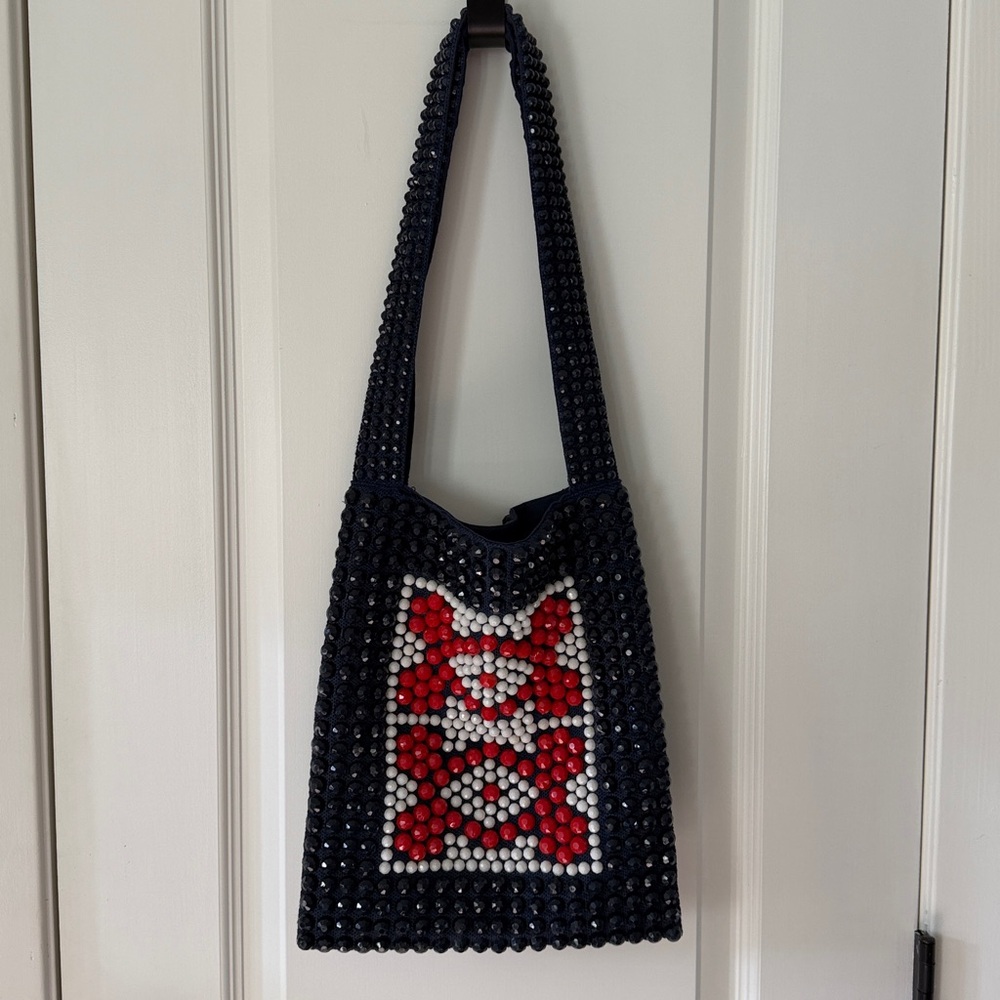 Roger Von S Beaded Purse Retro Funky Tote Shoulder Sack Red/White/Blue